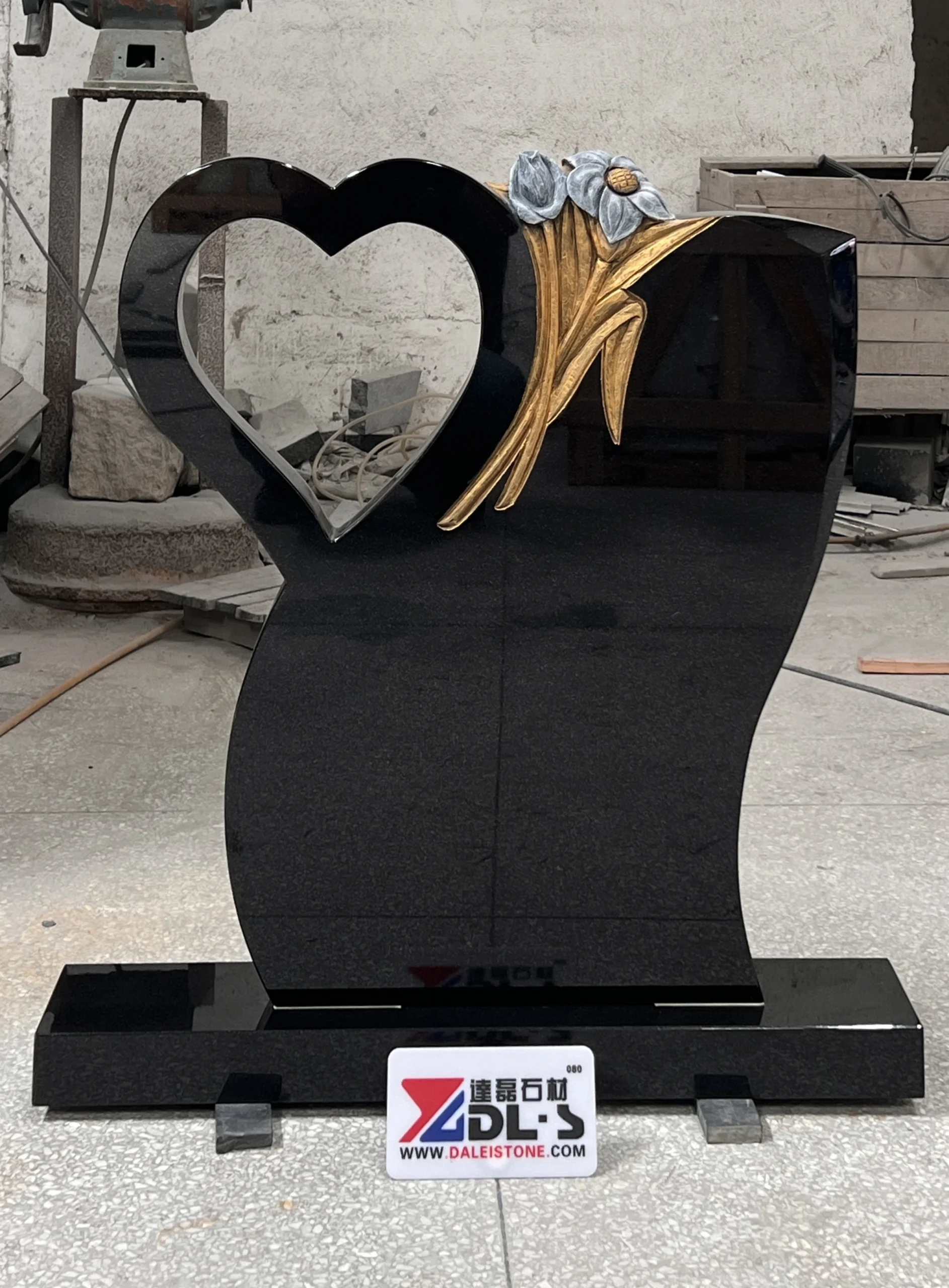Custom Heart Shaped Black Granite Headstone with Hand Carved Golden Flower