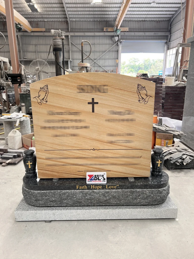 Custom Yellow Wooden Sandstone + Blue Pearl Granite Upright Headstone
