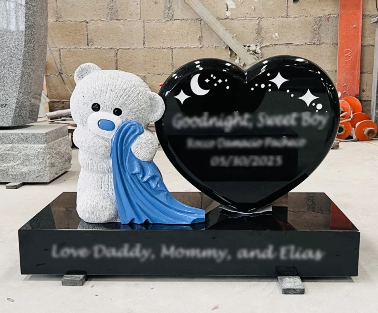 Custom Carved Teddy Bear Child Headstone Black Granite Heart Tombstone