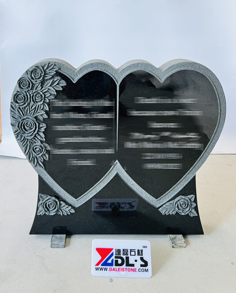 Double Heart Black Granite Memorial Plaque with Hand Carved Roses