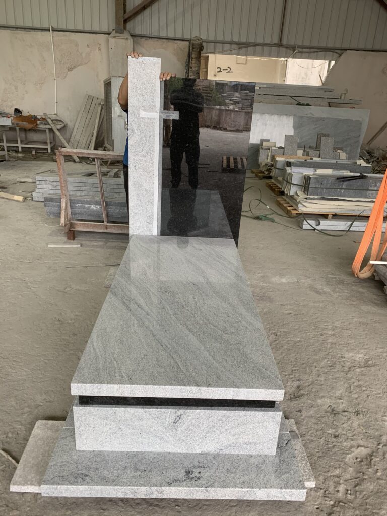Viscont White + Angola Black Granite Tombstone Carved Cross Headstone