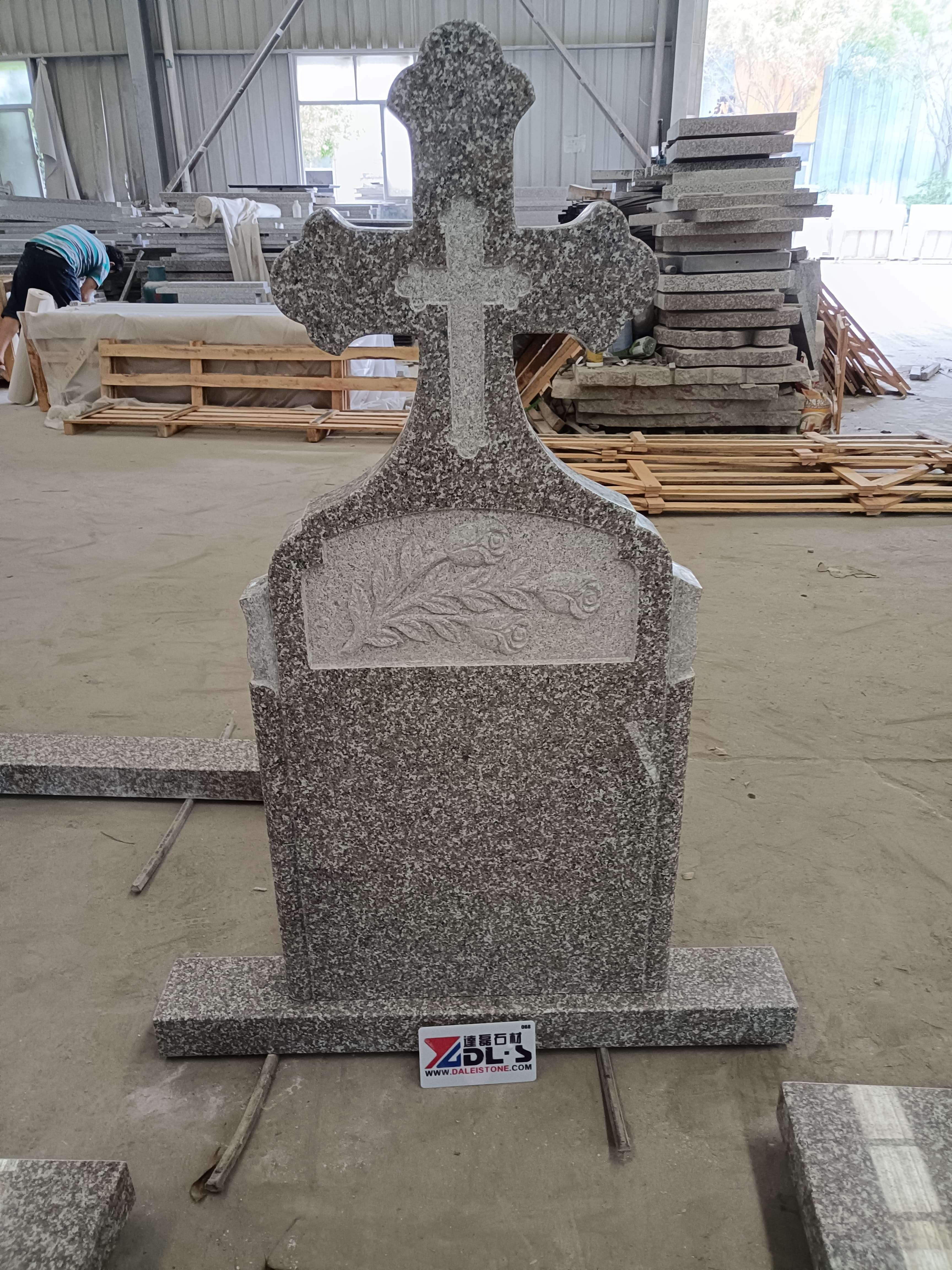 Carved Cross with rose headstone design G664 Granite Tombstone