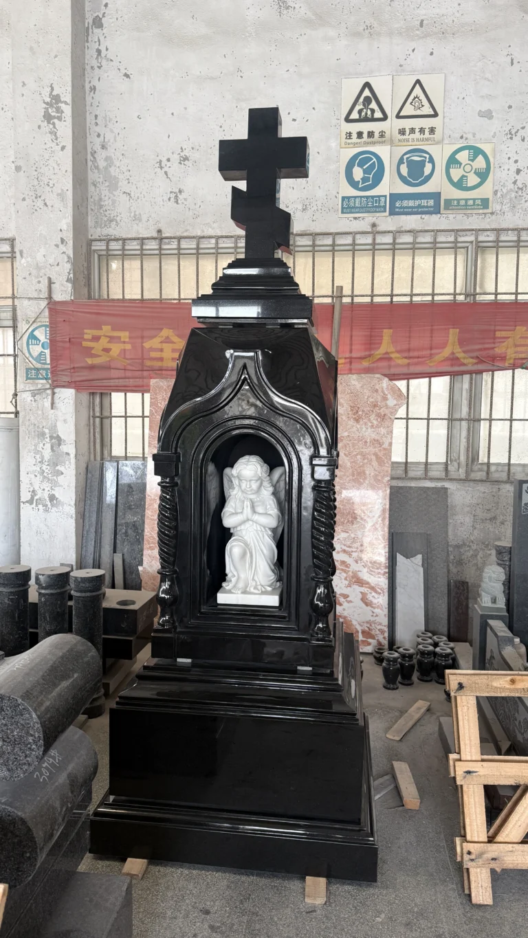Exquisite Carved Cross with Angel Statue Black Granite Monument Russia Style