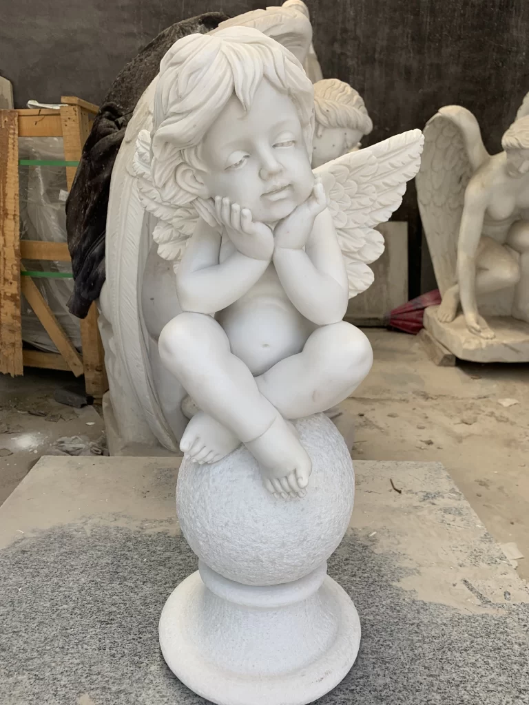 White Marble Cherub Sculpture Angel Statue for Memorial Decor