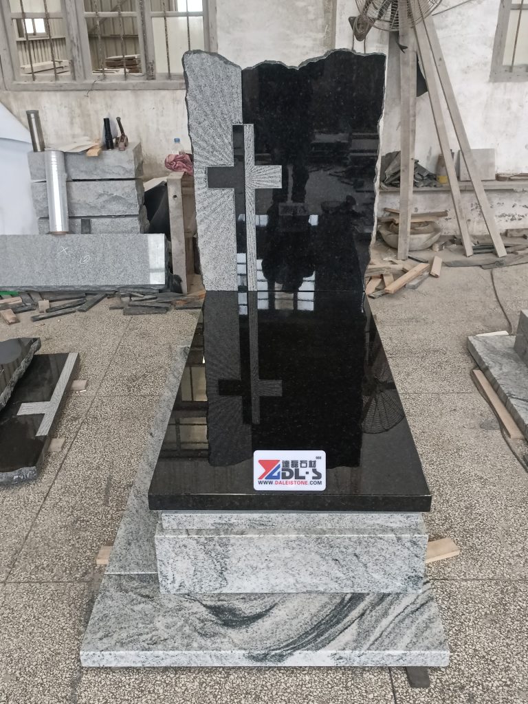 Viscont White + Black Granite Tombstone Carved Cross Headstone